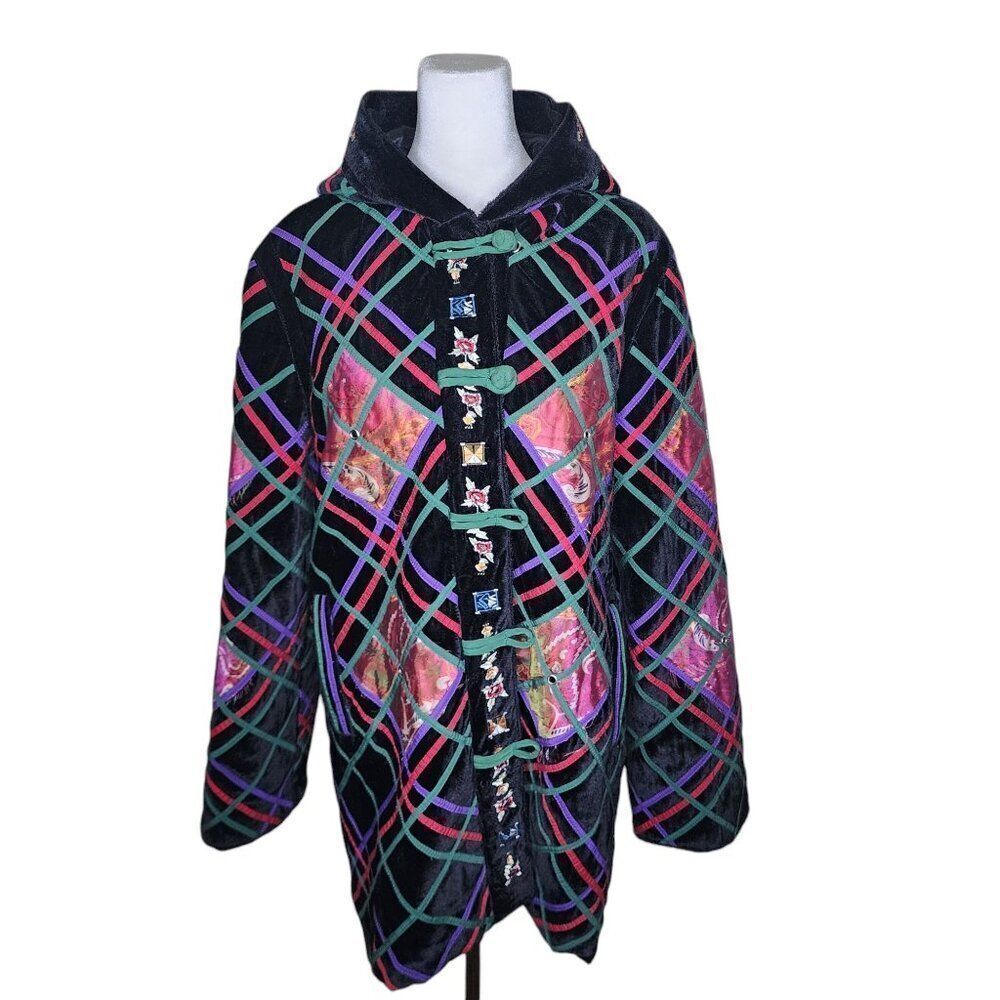 Vintage 90s Hooded Embroidered Chinese Heavy Coat Womens Size XXL Black